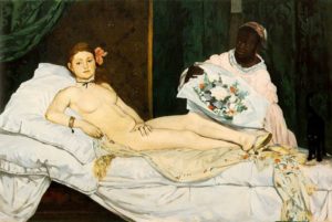 Edouard Manet's painting Olympia that is hung in the Salon of Paris in 1865, Olympia's confrontational gaze caused shock and astonishment when the painting was first exhibited because a number of details in the picture identified her as a prostitute