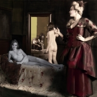 A tinted sketch of the 1850\'s photoshoot scene from the Olympia brothel