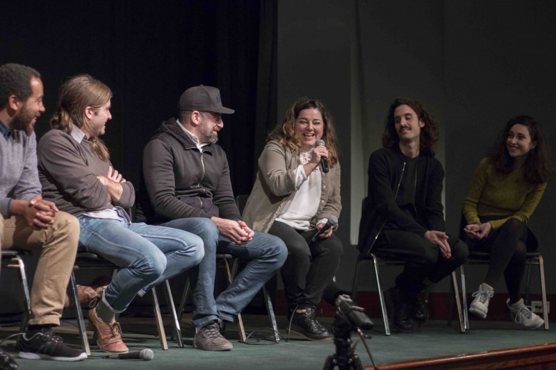 Star of Nic Koller's short documentary Marisol speaking at the panel. Next to her, co-star Sam (on her right), Mathery's Studio, and director Nic Koller.