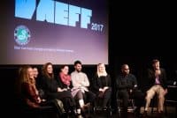 Ana Valdés, Sarah Kershaw, Miao Hao, Maria Burns, Rotem Weiner, William Bentley, Tamara Hansen, and Daveion Thompson talk with Mark Alpert during the artist and filmmaker discussion.